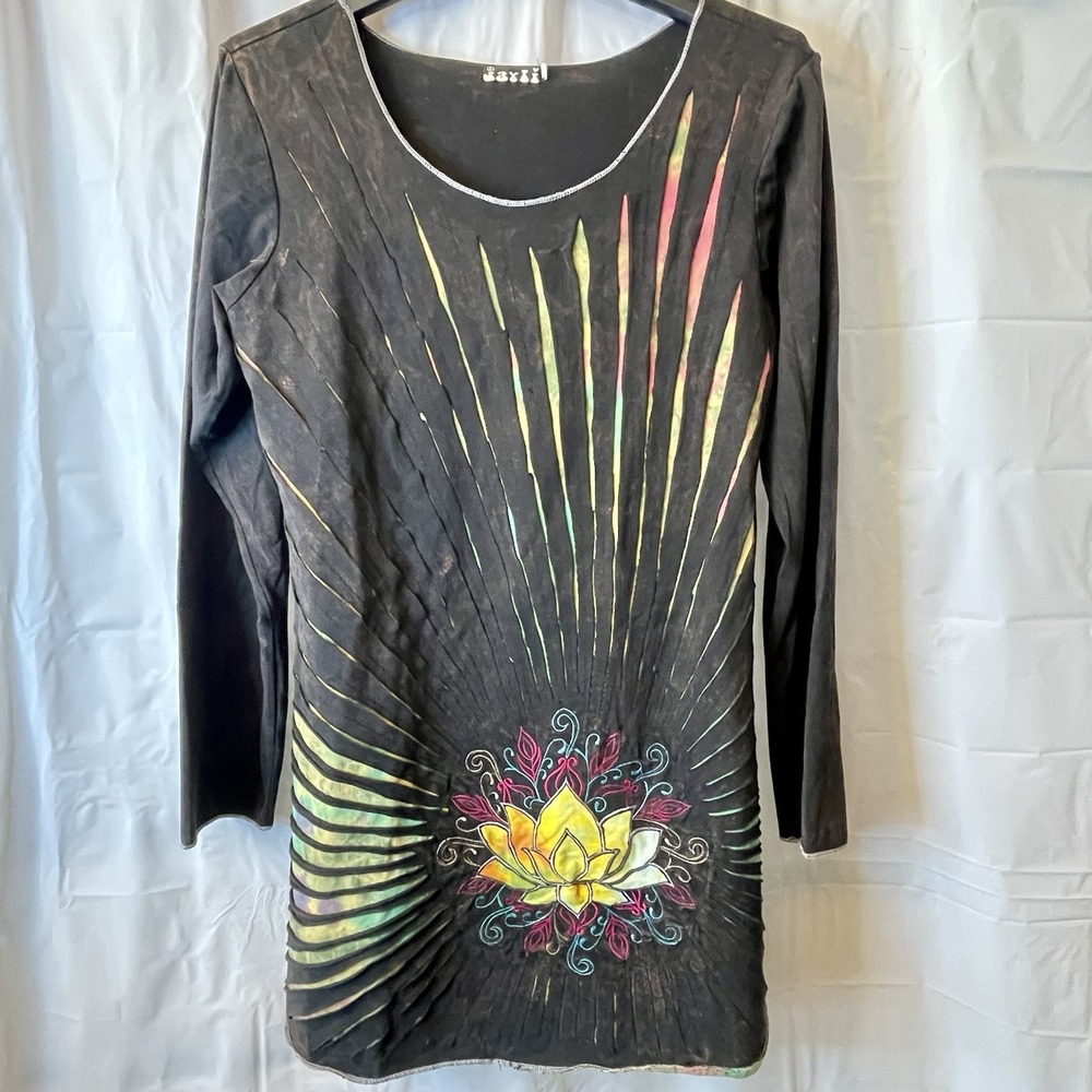 Jayli Women Sz XL Mini Dress Razor Cut Lotus Flower Rainbow Tie Dye Boho Hippie